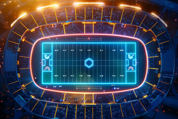 Aerial view of a futuristic football stadium at sunset, with glowing neon lights outlining the field and stands.
