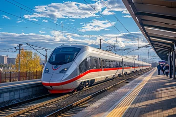 Foto auf Acrylglas Aeroexpress train arriving at Moscow's Skolkovo station, passengers and serene blue sky with clouds. © Nasreen
