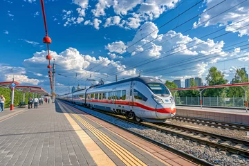 Zelfklevend Fotobehang Aeroexpress train arriving at Moscow's Skolkovo station, passengers and serene blue sky with clouds. © Nasreen
