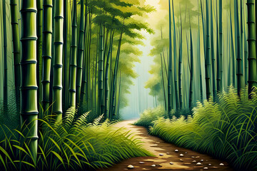 beautiful landscape painting of peaceful bamboo grove bathed in sunlight - quiet, serene zen garden - earthen trail through Japanese forest