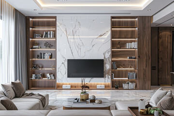Airy living room with polished white marble wall and custom walnut wood bookcase, designer LED lighting. Sophisticated country house.