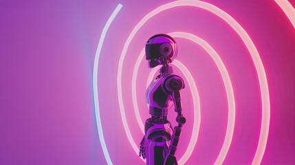 A robot stands next to a glowing circle that looks like a portal. Futuristic plot. Science fiction modern. Illustration for banner, poster, cover, brochure or presentation.