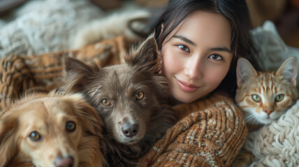woman sitting on a sofa while holding a cat and petting a dog's head,generative ai