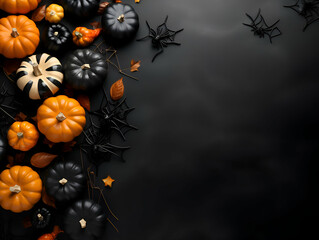 Halloween background with pumpkins. spiders and bats on dark background
