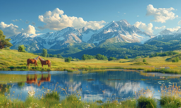 beautiful horses in a impressive beath taking landscape, generative ai