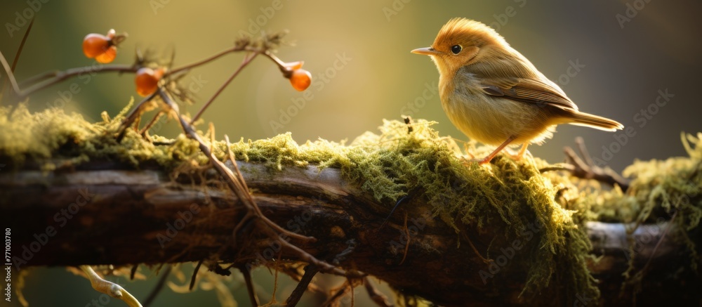 Wall mural A small songbird with colorful feathers is perched on a twig covered in moss. Its beak is pointed as it gazes out from the lush green vegetation