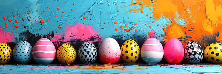 The Cluttercore-dyed Easter egg card design features rich colors and bold strokes. Festive and bright banner.