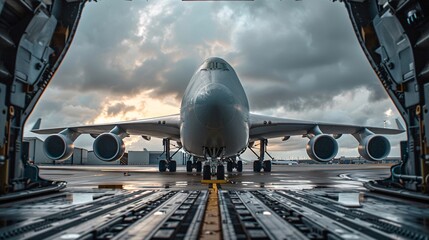 Cargo plane loading on runway with packages - obrazy, fototapety, plakaty