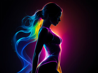 Colorful silhouette of beautiful sophisticated young lady with neon lights emanuating from her body and luxurious hair, person in the dark. Silhouette of a girl on multicolored gradient background