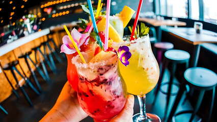 Closeup of three creative healthy but sweet exotic non alcoholic party cocktails at restaurant background glasses on bar refreshing drinks with straws