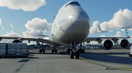 Cargo plane loading on runway with packages - obrazy, fototapety, plakaty