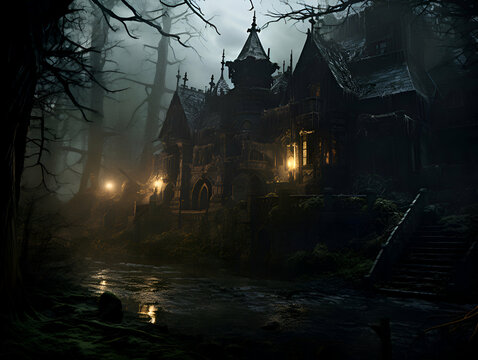 Halloween background with haunted house in spooky forest. Horror Halloween concept