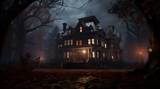 Haunted house in the forest at night. Halloween concept. 3D Rendering