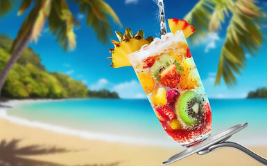 Exotic summer drink blur beach on background