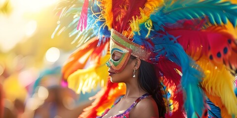 Woman in traditional Bolivian attire dances with a colorful feather mask during a vibrant street carnival celebration. Concept Culture, Tradition, Carnival, Dance, Bolivia