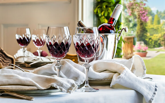 Rose wine in glasses on white linen cloth