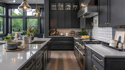 Elegant kitchen with dark grey cabinets, white marble countertops, and stainless steel appliances - obrazy, fototapety, plakaty