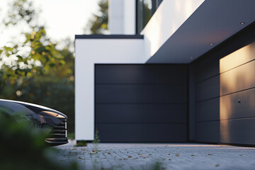 A black car is parked in front of a garage - obrazy, fototapety, plakaty