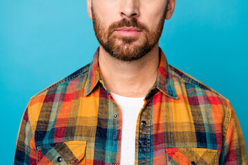 Cropped photo of nice young guy beard face promo banner wear trendy plaid garment isolated on blue...
