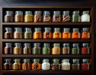 Spice Haven: Abundance of Flavorful Jars Adorning a Spice Shelf