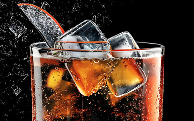 Soda in a glass on a black background with ice cubes and drops close