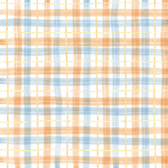 Gold Blue Orange Plaid Gingham Check Hand Drawn Background Overlay