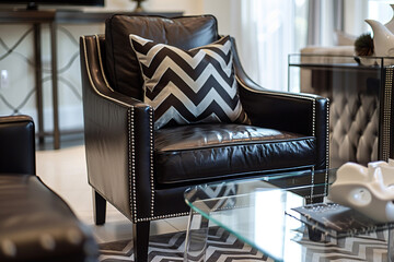 Chic TV lounge in monochrome style, featuring dark leather chair with chevron details and glass table.