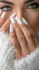 manicurist professional woman, full body with crossed hands and long a beautifull nails, enviroment session studio white 