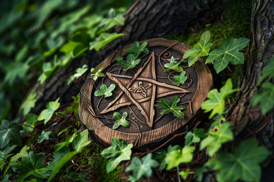 A wooden circle with a star on it is surrounded by green ivy