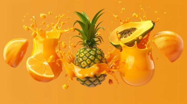 An orange paint splash, mangos, pineapples, and papaya juices in realistic 3D moderns.