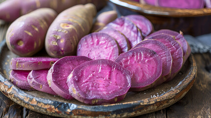 Obraz na płótnie Canvas Purple Sweet Potato pepper plates food plate