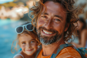 Man and his daughter on beach, white ethnicity, family, fun, togetherness - obrazy, fototapety, plakaty