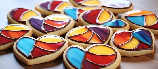 Delicious heart shaped cookies with stained glass designs, a beautiful fusion of food and art, displayed on a table as baked goods