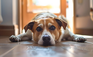 One dog lies next to the door of the house on the floor and waits for its owner. I look and think about playing outside. Sleepy and bored.