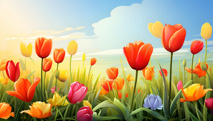 Tulip flowers on meadow with blue sky background. Vector illustration.