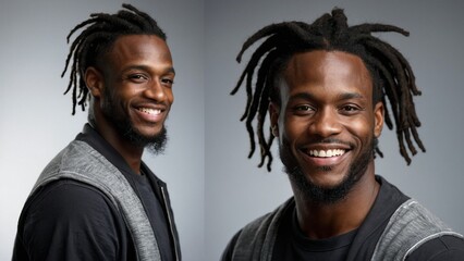 Two angles of young black man smiling, braids hair on neutral background - obrazy, fototapety, plakaty