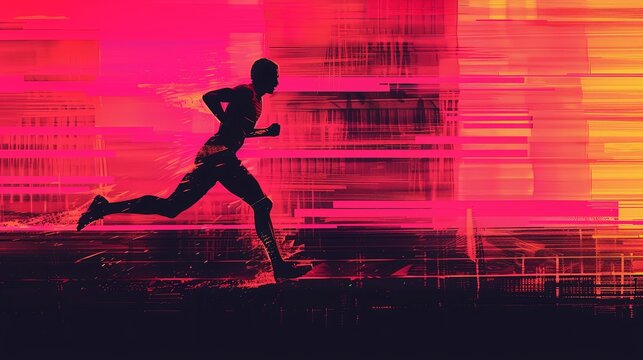 Running athlete against a background of speed lines. Energetic young athlete or marathon runner. Marathon runner. Activity of people. Sport. Digital art. Illustration for cover, card, interior design.