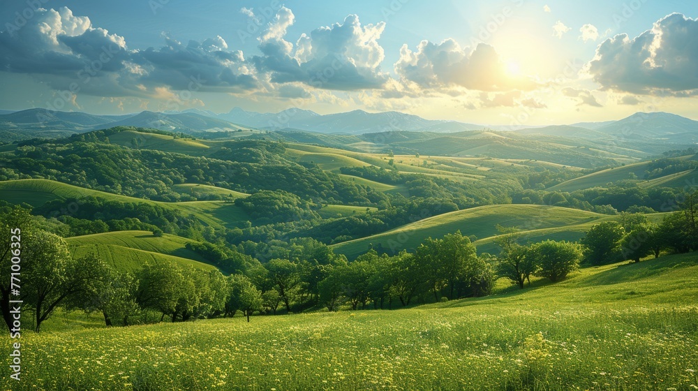 Poster A vintage picture of a rural landscape with hills and green fields