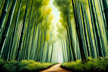 beautiful landscape painting of peaceful bamboo grove bathed in sunlight - quiet, serene, Japanese garden - path through towering bamboo trees