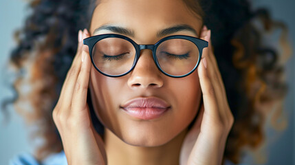A close-up captures an African American woman with glasses, her eyes closed as she rubs her temples with her hands, expressing discomfort or stress.