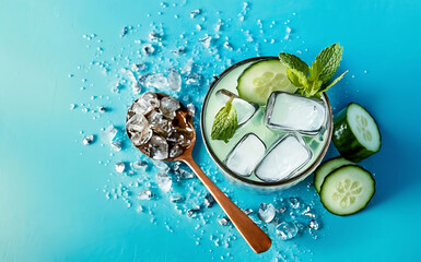 Refreshing drink with ice mint and cucumber on a blue background the concept of quenching thirst in the summer flat lay top view