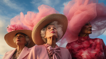 Three older women posing while wearing pink outrageous flat caps hats and flamboyant and eccentric clothing.