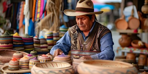 Bolivian indigenous man preparing crafts to sell at a market in La Paz showcasing Latin American culture and traditions. Concept Latin American culture, Indigenous crafts, Bolivian market, La Paz - obrazy, fototapety, plakaty