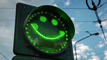 Green traffic light with a smiley face. You can go. Illustration for banner, poster, cover, brochure or presentation.