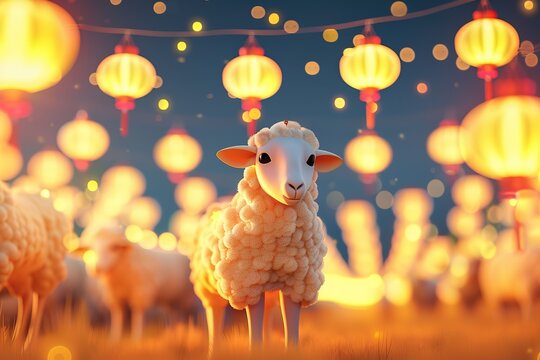 Sheep and lanterns at night, Bakra Eid concept, Ai Generated
