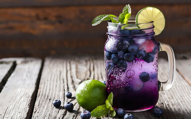 Blueberry detox water with lime and mint in mason jar on wooden background - obrazy, fototapety, plakaty