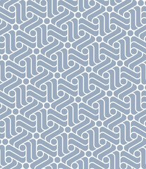 Blue striped hexagons on a white background. Simple and elegant monochrome design. Abstract and geometric graphic style.  Seamless repeating pattern.