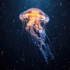 Fototapeta premium Glowing jellyfish swim deep in blue sea. Isolated on a black background.