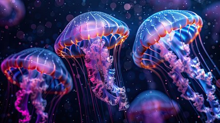 Glowing jellyfish swim deep in blue sea.  Isolated on a black background.