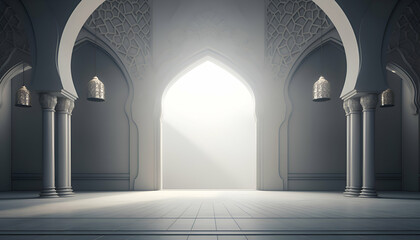 3d rendering of mosque door with arabic pattern and columns